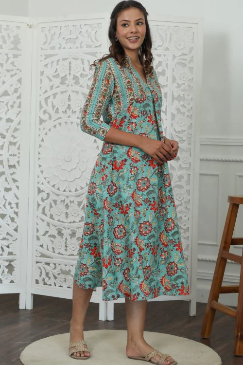 Sootisyahi ' Floralix ' Azofree Handblock Printed Pure Cotton Dress - Image 4