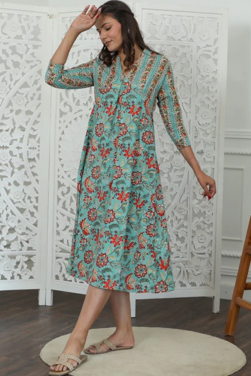 Sootisyahi ' Floralix ' Azofree Handblock Printed Pure Cotton Dress - Image 5