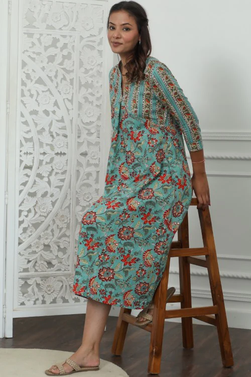 Sootisyahi ' Floralix ' Azofree Handblock Printed Pure Cotton Dress - Image 7