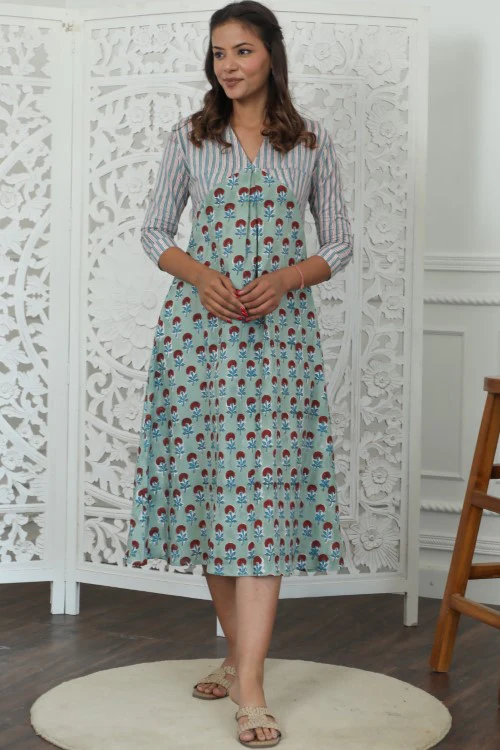 Sootisyahi ' Florenza ' Azofree Handblock Printed Pure Cotton Dress