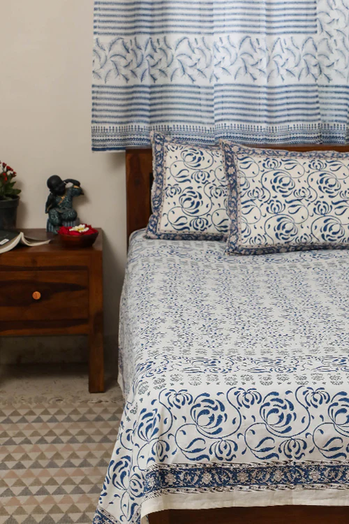 Sootisyahi 'Flowering Waves' Handblock Printed Cotton Bedsheet - Image 2