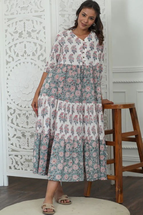 Sootisyahi ' Garden Glory ' Azofree Handblock Printed Pure Cotton Dress - Image 4