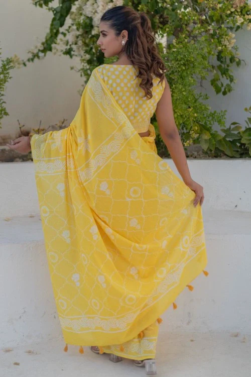 Sootisyahi Golden Circles - Hand Block Mul Mul Cotton Saree