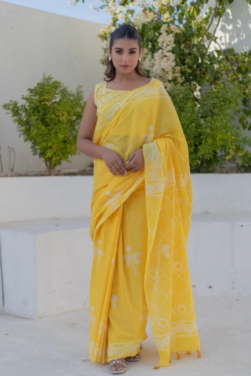 Sootisyahi Golden Circles - Hand Block Mul Mul Cotton Saree - Image 2