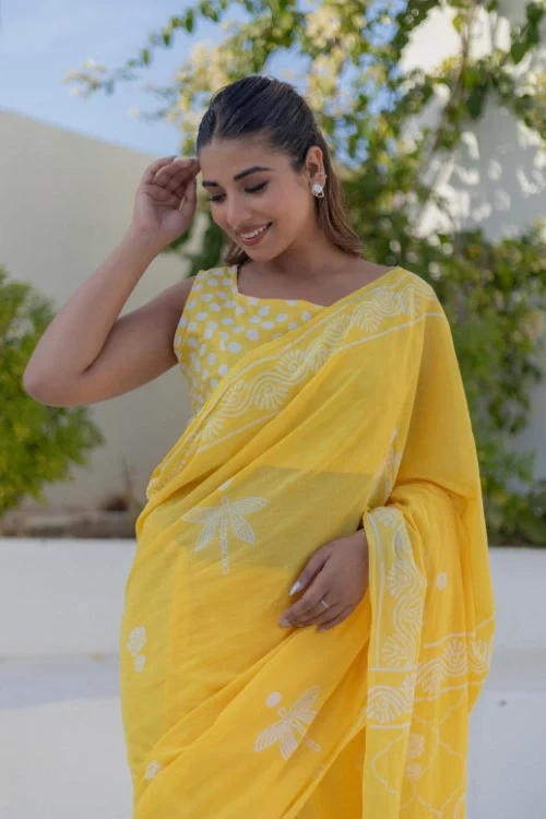 Sootisyahi Golden Circles - Hand Block Mul Mul Cotton Saree - Image 3