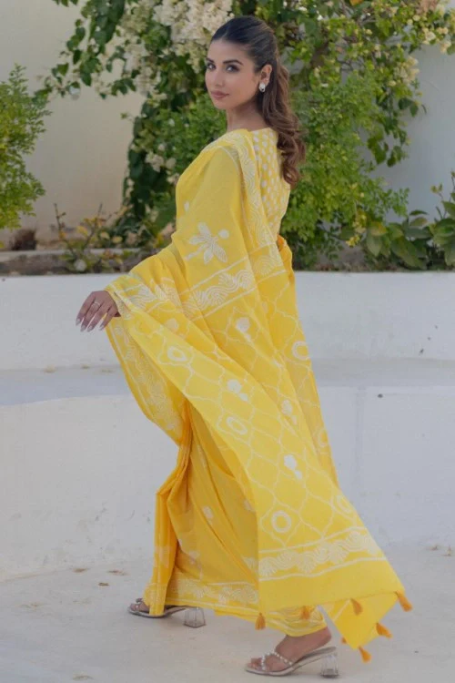 Sootisyahi Golden Circles - Hand Block Mul Mul Cotton Saree - Image 4