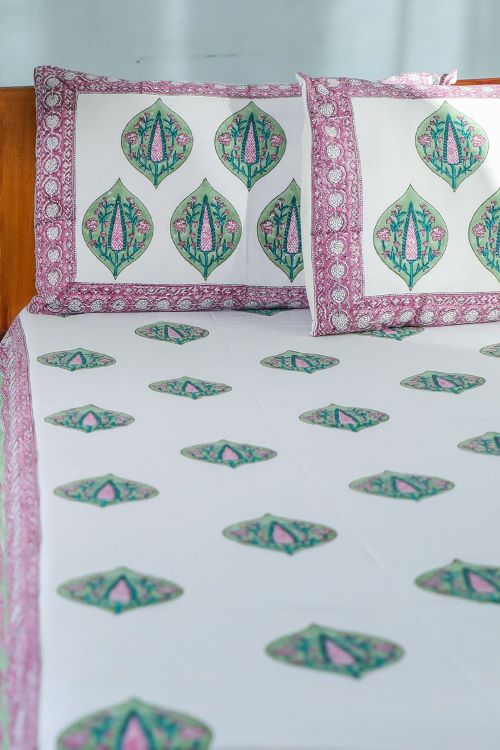 Sootisyahi 'Green & Voilet' Handblock Printed Cotton Bedsheet - Image 3
