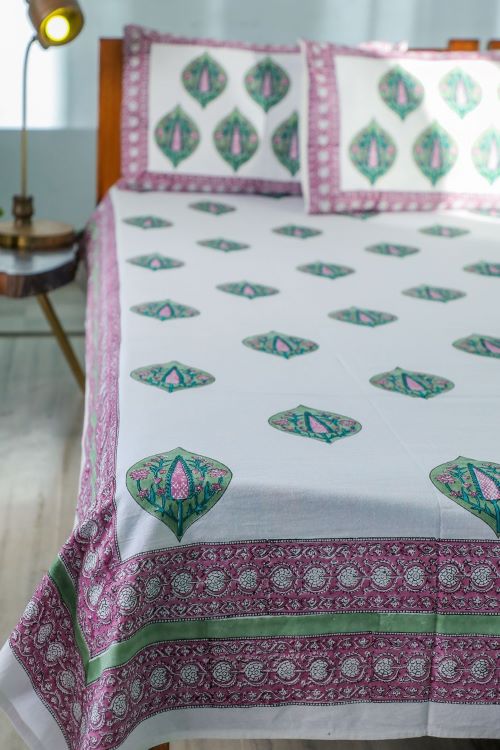 Sootisyahi 'Green & Voilet' Handblock Printed Cotton Bedsheet - Image 4