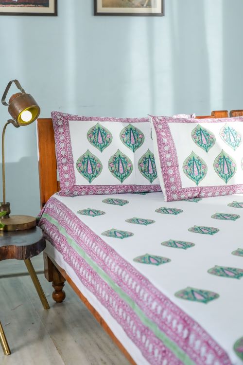 Sootisyahi 'Green & Voilet' Handblock Printed Cotton Bedsheet - Image 5
