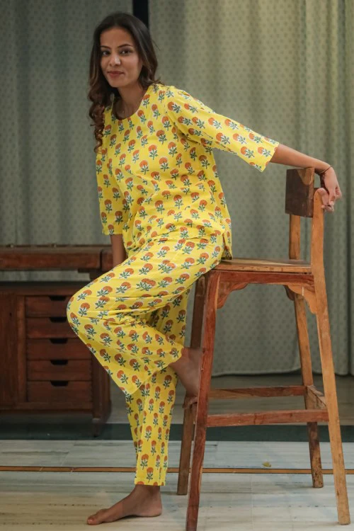 Sootisyahi 'Marigold Bliss' Handblock Printed Pure Cotton Night Suit - Image 3