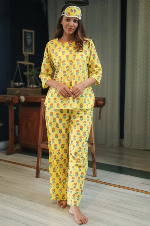 Sootisyahi 'Marigold Bliss' Handblock Printed Pure Cotton Night Suit - Image 4