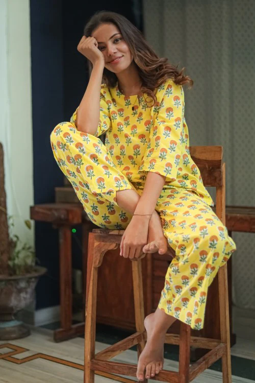 Sootisyahi 'Marigold Bliss' Handblock Printed Pure Cotton Night Suit - Image 5