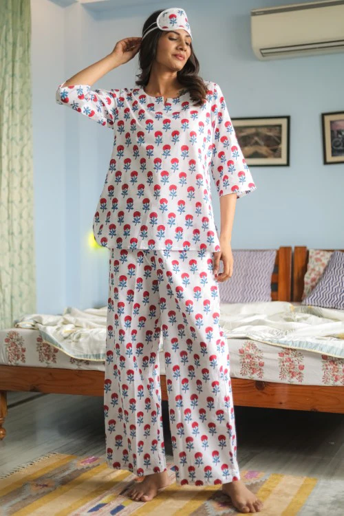 Sootisyahi 'Marigold Mirage' Handblock Printed Pure Cotton Night Suit