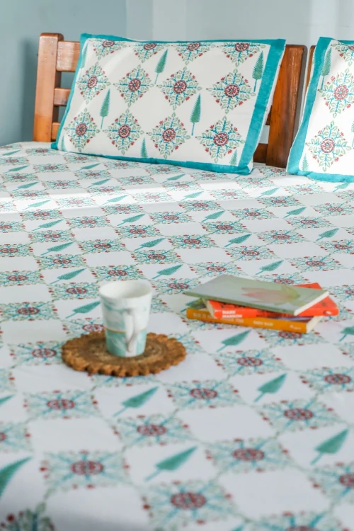 Sootisyahi 'Mughal Garden' Handblock Printed Cotton Bedsheet - Image 4