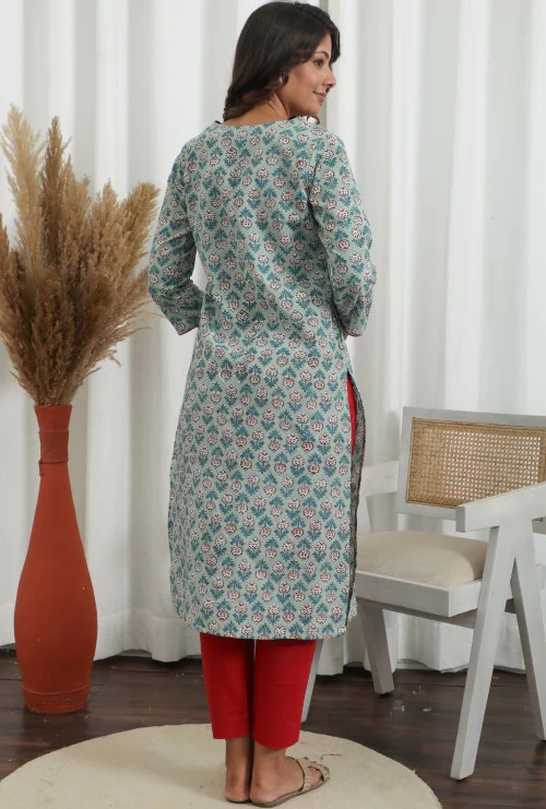Sootisyahi ' Petal Push ' Azofree Handblock Printed Pure Cotton Kurti - Image 6