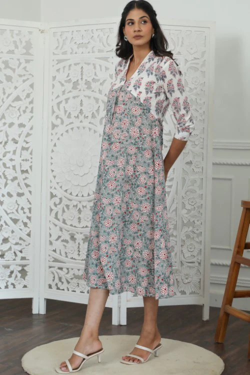 Sootisyahi ' Petalina ' Azofree Handblock Printed Pure Cotton Dress - Image 4