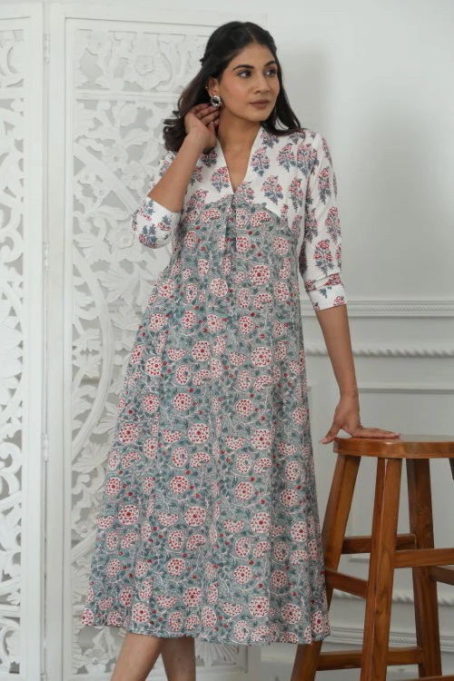 Sootisyahi ' Petalina ' Azofree Handblock Printed Pure Cotton Dress - Image 7