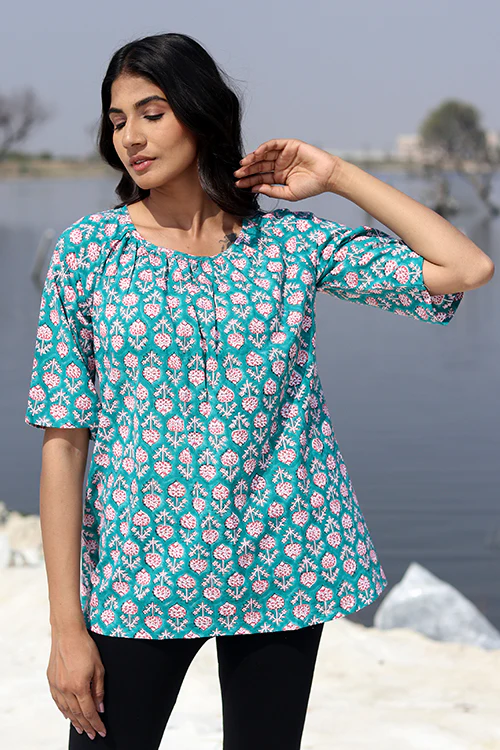 Sootisyahi 'Teal Feather' Block Printed Cotton Top - Image 3