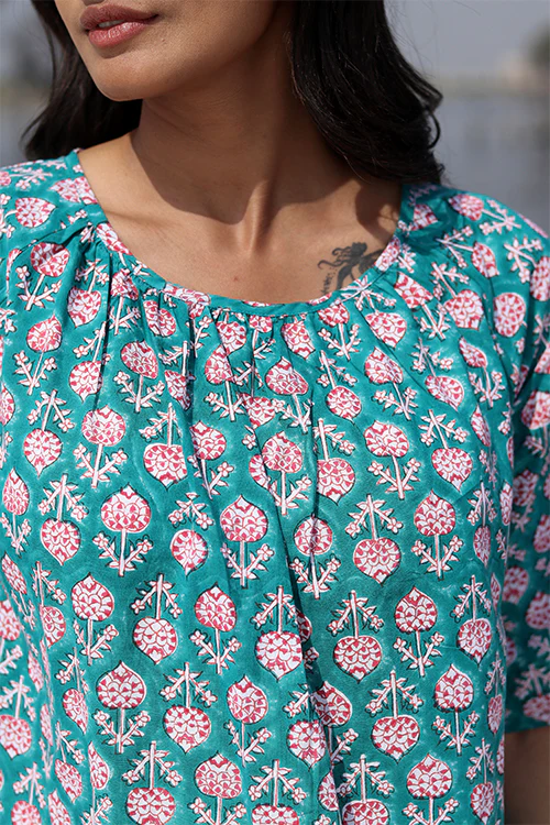 Sootisyahi 'Teal Feather' Block Printed Cotton Top - Image 4