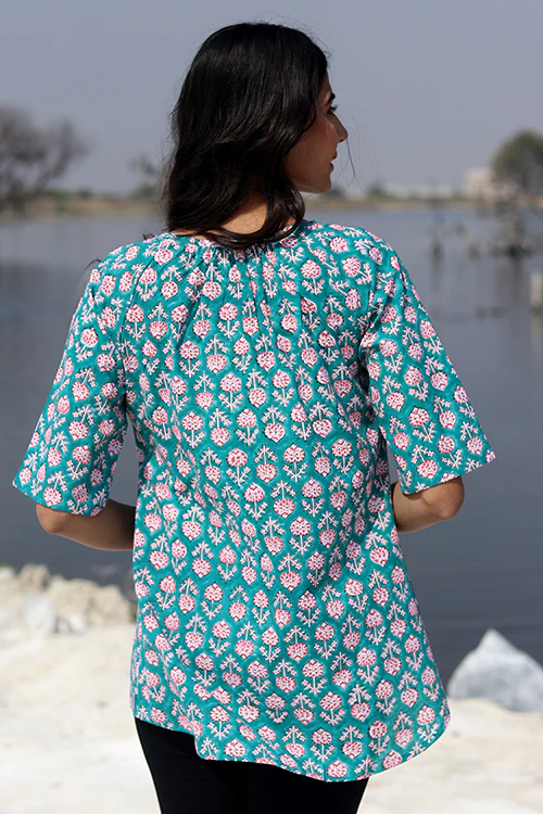 Sootisyahi 'Teal Feather' Block Printed Cotton Top - Image 5