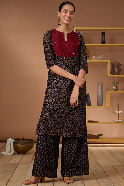 Okhai "Starburst" Hand Embroidered Mirror and Beadwork Handblock Printed Chanderi Silk Ajrakh Kurta - Image 10