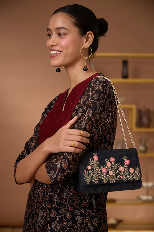 Okhai "Starburst" Hand Embroidered Mirror and Beadwork Handblock Printed Chanderi Silk Ajrakh Kurta - Image 5