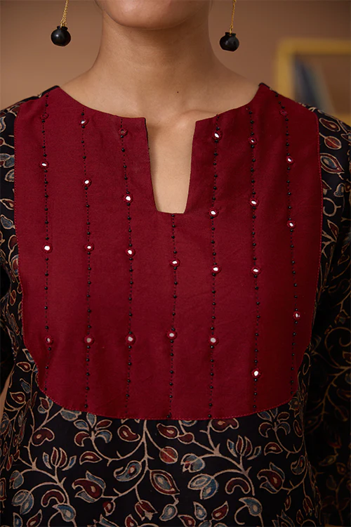 Okhai "Starburst" Hand Embroidered Mirror and Beadwork Handblock Printed Chanderi Silk Ajrakh Kurta - Image 7