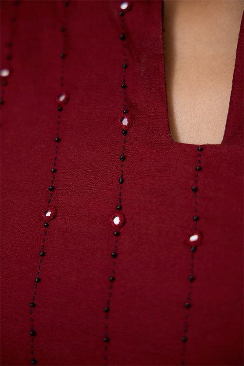 Okhai "Starburst" Hand Embroidered Mirror and Beadwork Handblock Printed Chanderi Silk Ajrakh Kurta - Image 8