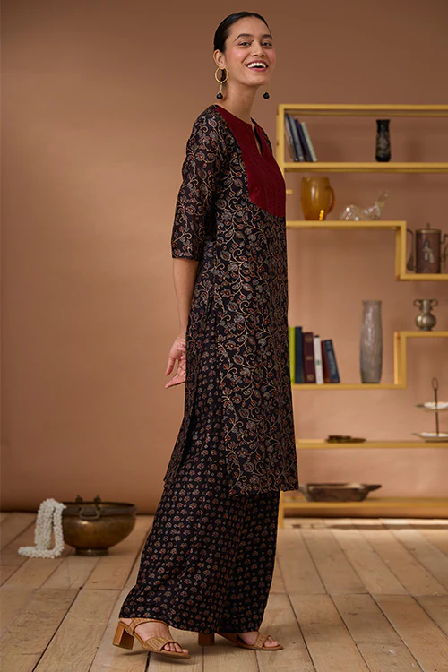 Okhai "Starburst" Hand Embroidered Mirror and Beadwork Handblock Printed Chanderi Silk Ajrakh Kurta - Image 9