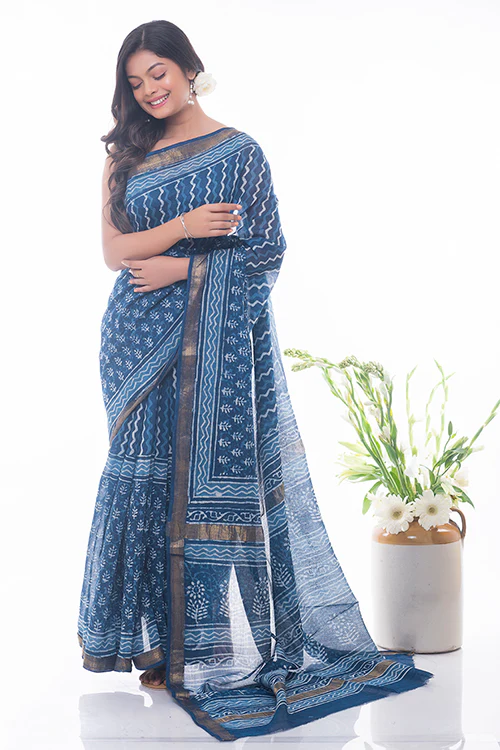 TICH Summer Moods. Dabu Block Printed Maheshwari Saree - Blue Flora & Waves - Image 3
