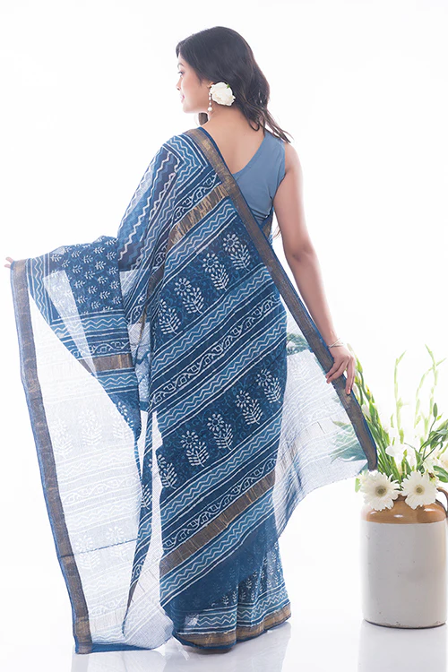 TICH Summer Moods. Dabu Block Printed Maheshwari Saree - Blue Flora & Waves - Image 5