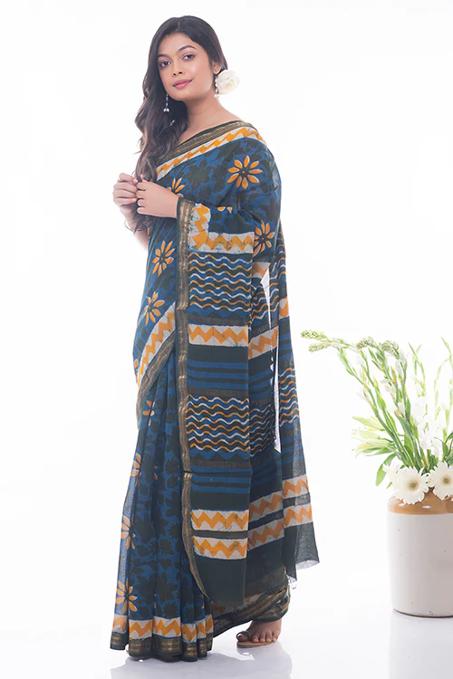TICH Summer Moods. Dabu Block Printed Maheshwari Saree - Blue & Yellow Daisies - Image 3