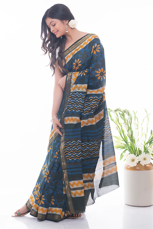 TICH Summer Moods. Dabu Block Printed Maheshwari Saree - Blue & Yellow Daisies - Image 4