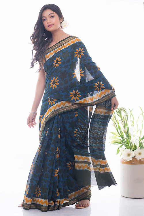 TICH Summer Moods. Dabu Block Printed Maheshwari Saree - Blue & Yellow Daisies - Image 5