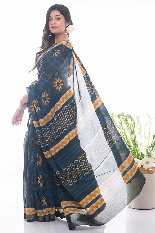 TICH Summer Moods. Dabu Block Printed Maheshwari Saree - Blue & Yellow Daisies - Image 6
