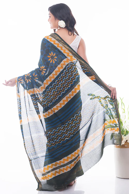 TICH Summer Moods. Dabu Block Printed Maheshwari Saree - Blue & Yellow Daisies - Image 7