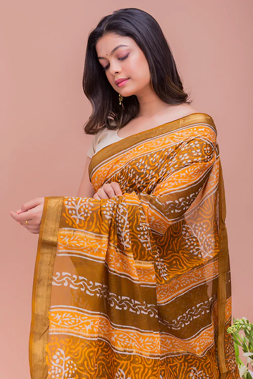 TICH Summer Moods. Dabu Block Printed Maheshwari Saree - Brown & Yellow Motifs - Image 3