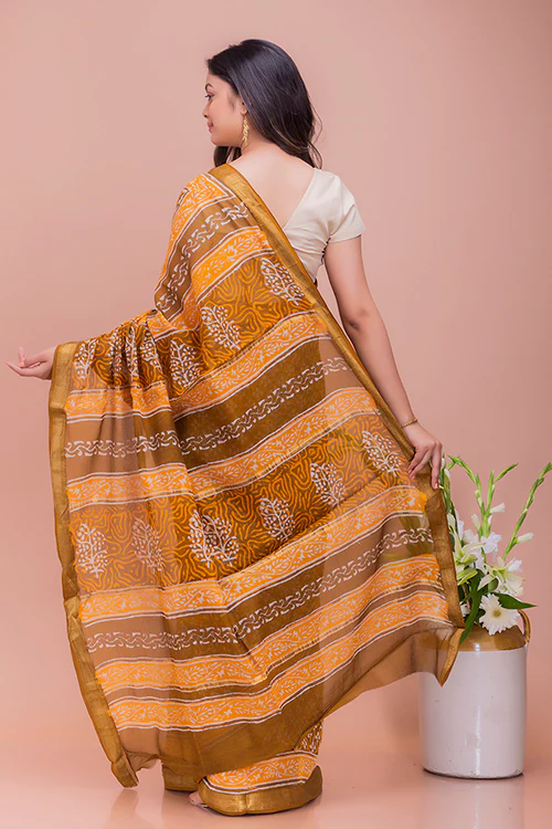 TICH Summer Moods. Dabu Block Printed Maheshwari Saree - Brown & Yellow Motifs - Image 4