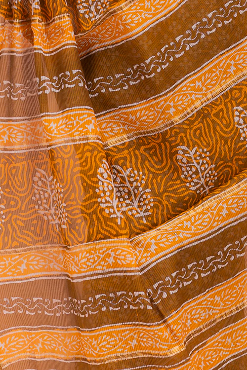 TICH Summer Moods. Dabu Block Printed Maheshwari Saree - Brown & Yellow Motifs - Image 5