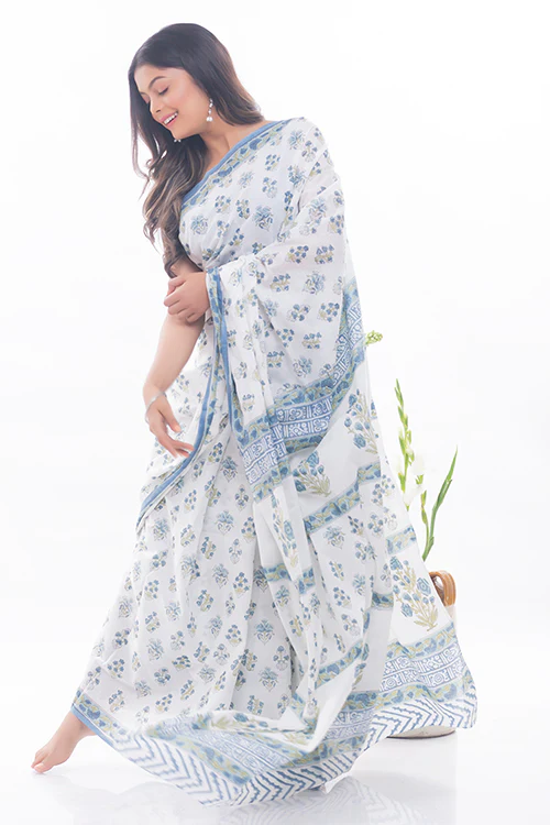 TICH Summer Moods. Sanganeri Mulmul Cotton Saree - White & Blue Floral - Image 4