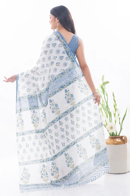 TICH Summer Moods. Sanganeri Mulmul Cotton Saree - White & Blue Floral - Image 5