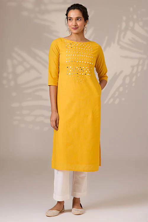 Okhai "Sunbeam Shine" Hand-Embroidered Mirrorwork Pure Cotton Long Kurta - Image 2