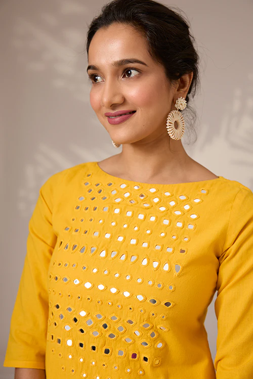 Okhai "Sunbeam Shine" Hand-Embroidered Mirrorwork Pure Cotton Long Kurta - Image 4