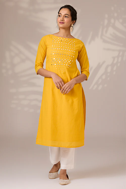 Okhai "Sunbeam Shine" Hand-Embroidered Mirrorwork Pure Cotton Long Kurta - Image 7