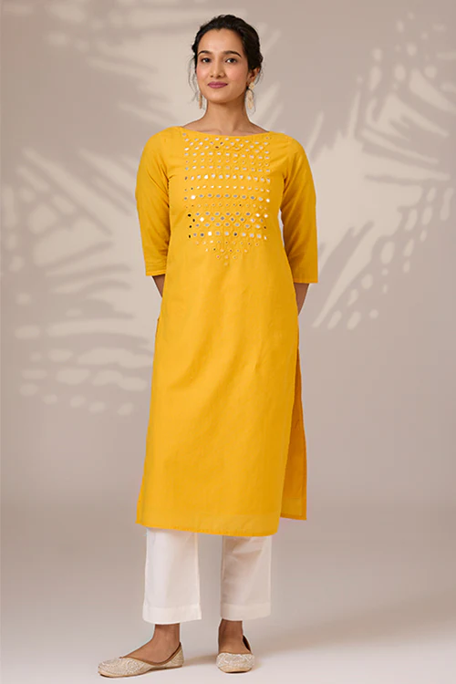 Okhai "Sunbeam Shine" Hand-Embroidered Mirrorwork Pure Cotton Long Kurta - Image 9