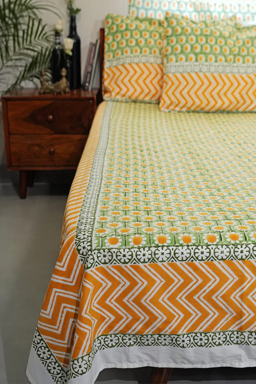 Sooti Syahi Sunlit Haven Hand Block Printed Cotton Percale Bedsheet - Image 3