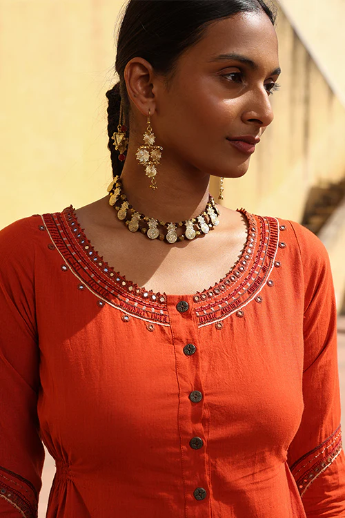 Okhai "Surkh" Hand-Embroidered Mirrorwork and Beadwork Pure Cotton Kurta Pant Set - Image 2