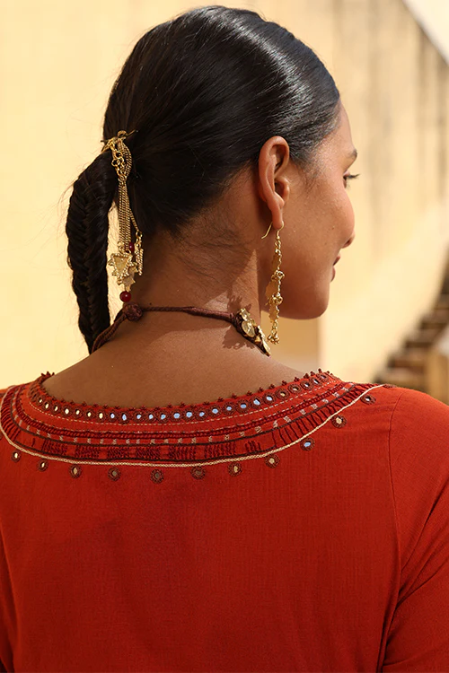 Okhai "Surkh" Hand-Embroidered Mirrorwork and Beadwork Pure Cotton Kurta Pant Set - Image 6