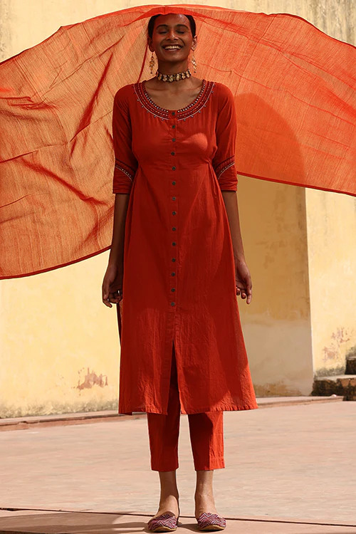 Okhai "Surkh" Hand-Embroidered Mirrorwork and Beadwork Pure Cotton Kurta Pant Set - Image 8