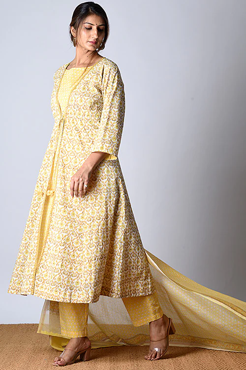 Dharan "Tarana Kurta" Yellow Block Printed Kurta and Pant Set